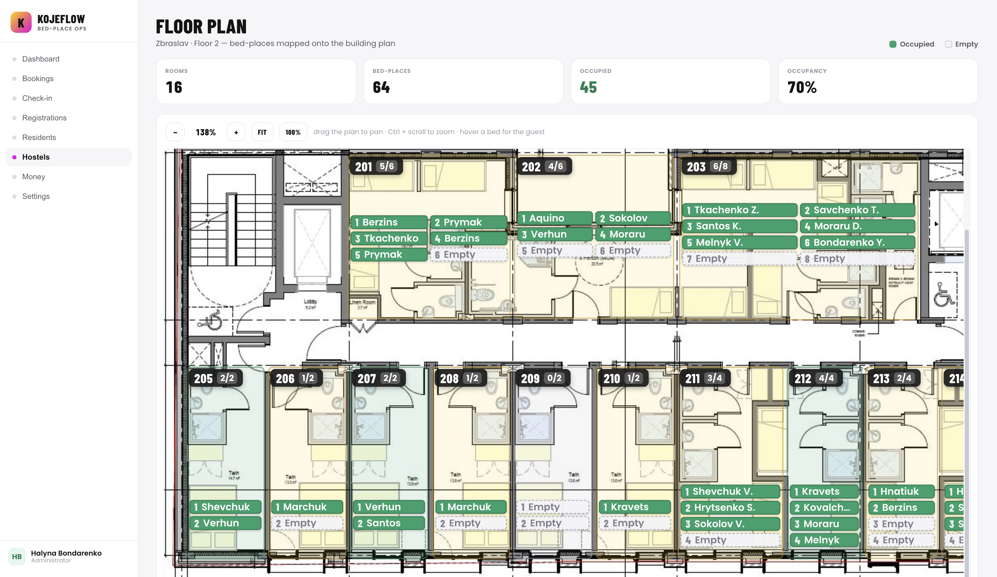 Kojeflow floor plan — bed-places mapped onto the building plan